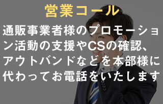 営業コール。通販事業者様のプロモーション活動の支援やCSの確認、アウトバンドなどを本部様に代わってお電話をいたします