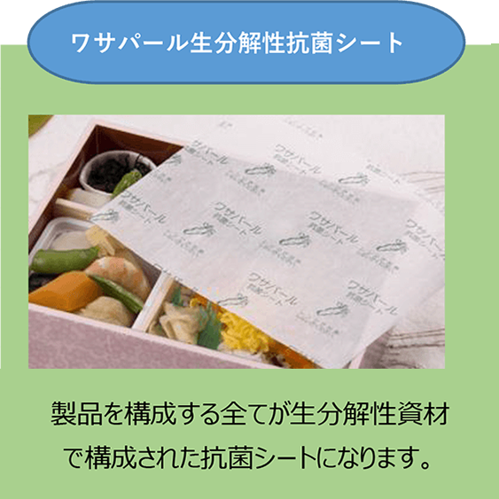 ワサパール生分解性抗菌シート。 抗菌シートになります。低コストで惣菜の部分的な 抗菌に活用いただけます。製品を構成する全てが生分解性資材 で構成された抗菌シートになります。